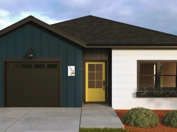 blue garage wall with yellow door white side wall with black garage