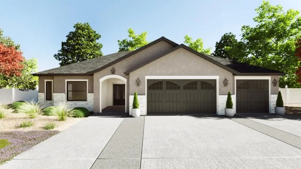 a grey house with a three car garage